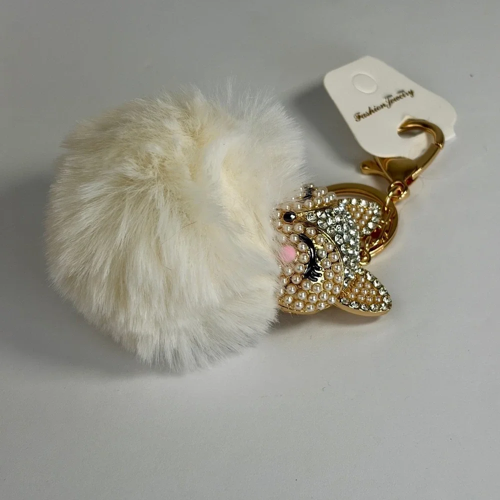 Sparkly Fox Keychain Pearl Rhinestone Faux‎ Fur Pom Pom Bag Charm Coquette Boho